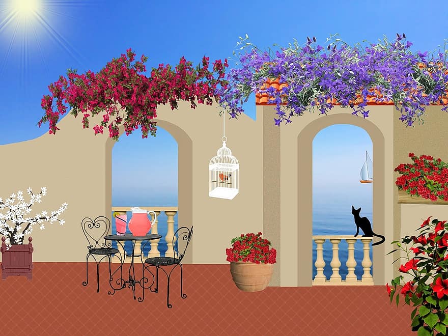erkély, kívül, virágok, asztal, nyugalom, tengerpart, piros, virág cserepek, veranda, fekete macska, természet