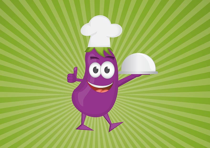 Chef, Aubergine, Cartoon, Vegetable, Character, Cheerful, Child, Clipart, Color, Cute, Design