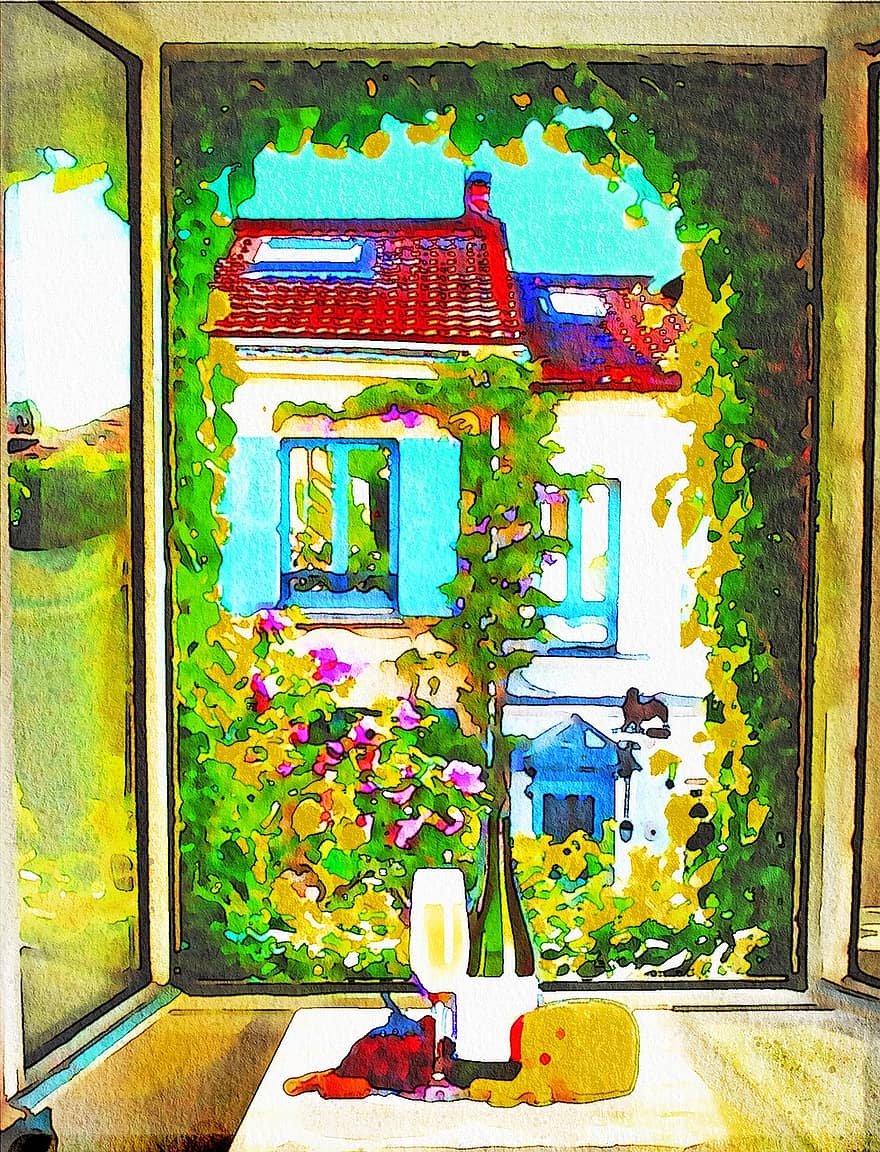 ranskalainen ikkuna, viini, akvarelli, Pariisi, koriste, taiteilija-maalari, väri-, sisustus, ikkuna, auringonsäteet, Ranska
