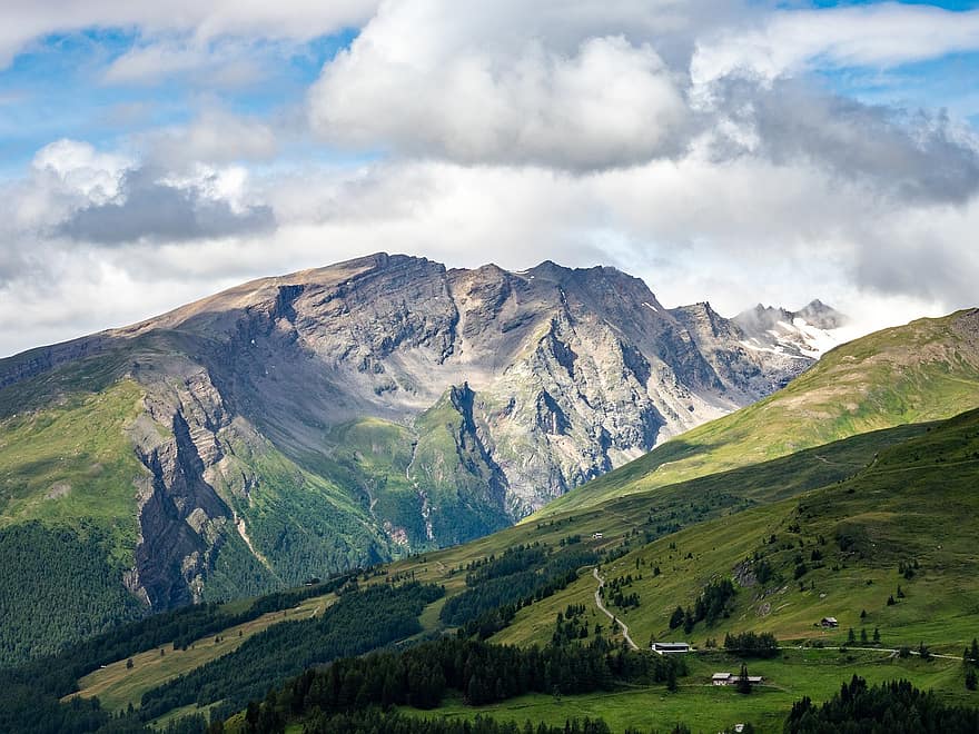 Áustria, Caríntia, montanha, panorama, grama, verão, Pico da montanha, cor verde, Prado, cadeia de montanhas, azul