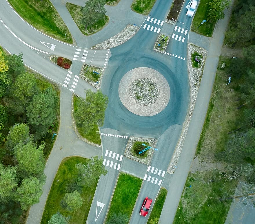 Roundabout, Intersection, Road, Junction, Cars, Center Island, Vehicles, Automobiles, Traffic Circle, Aerial View, car