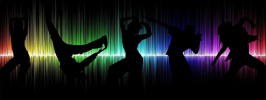 taniec, muzyka, dyskoteka, wyrównywacz, dźwięk, ścieżka dźwiękowa, neon, tęcza, ludzie tańczą, ruch, rytm