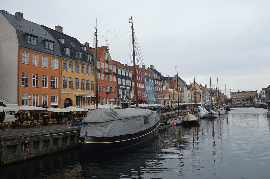 Копенгаген, канал, лодки, Дания, город, здания, гавань, причал, Старый город, морское судно, известное место