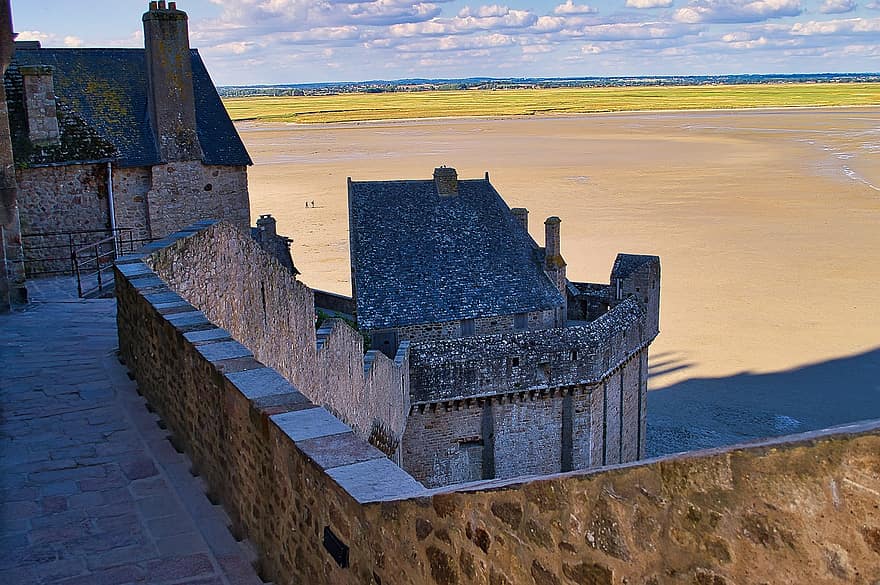 Bay, Sand, Mont Saint Michel, Landmark, Abbey, World Heritage, Island, Landscape, Sky, Clouds, Normandy