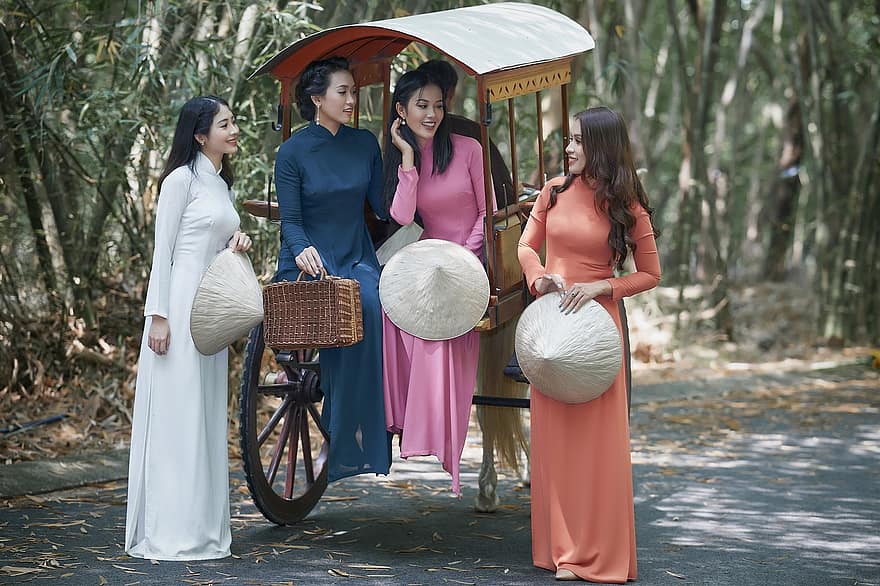 Дами, модели, приятели, сестри, традиционна рокля, Виетнам, азиатска жена, щастлив, Южноазиатско момиче, древен костюм, възрастен