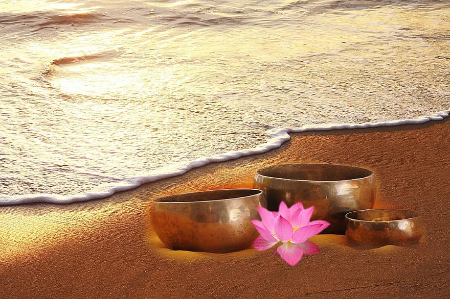 mangkuk bernyanyi, teratai, laut, pantai, abendstimmung, kesehatan, penyembuhan, suasana hati, matahari terbenam