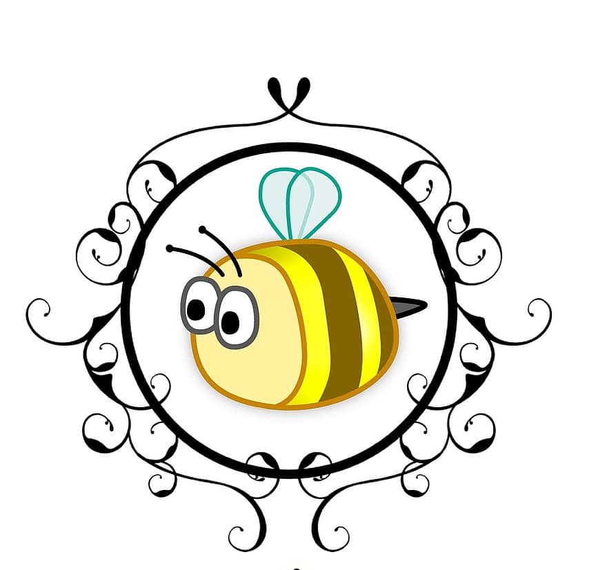 abeille, jaune, encadré, mignonne, animal, conception, bébé, été, enfant, dessin animé, décoration