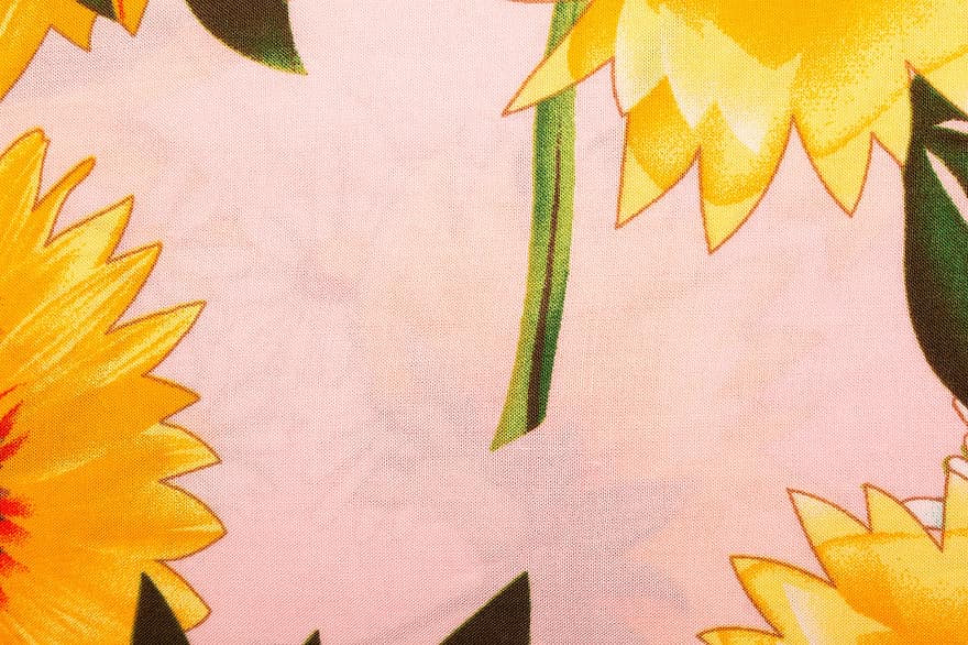 ファブリックの背景、ひまわりの背景、花の背景、ファブリック、黄色の背景、布、テクスチャ、壁紙、葉、きらきら、パターン