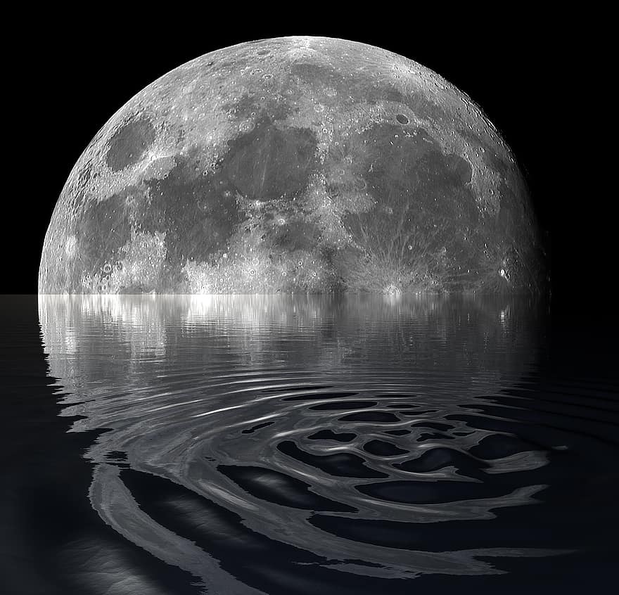 القمر ، انعكاس ، ماء ، ليل ، طبيعة ، ضوء القمر ، هادئ ، القمر الرمادي