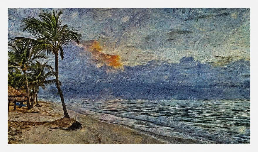 Strand, den dominikanske republikk, caribbean, sommer, hav, tropisk, vann, blå, palmetre, sand, himmel