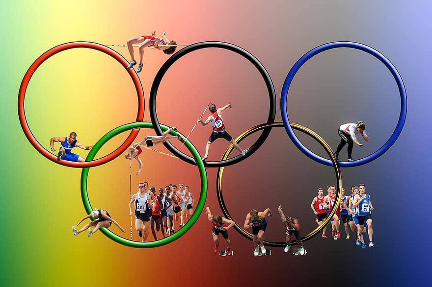 olympia, permainan Olimpik, olimpiade, kompetisi, olahraga, atletik, atlet lintasan dan lapangan, berdering, biru, hitam, merah