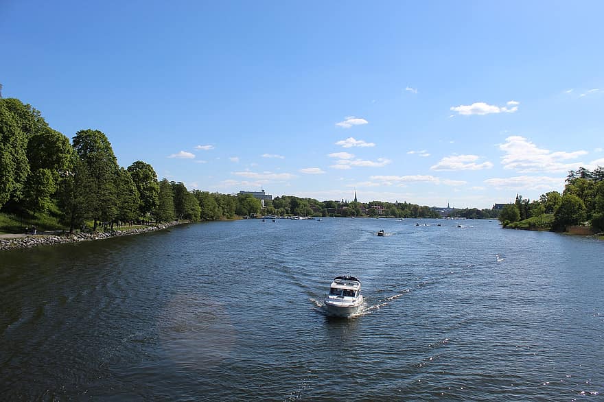 قارب ، نهر ، مدينة ، ستوكهولم ، السويد
