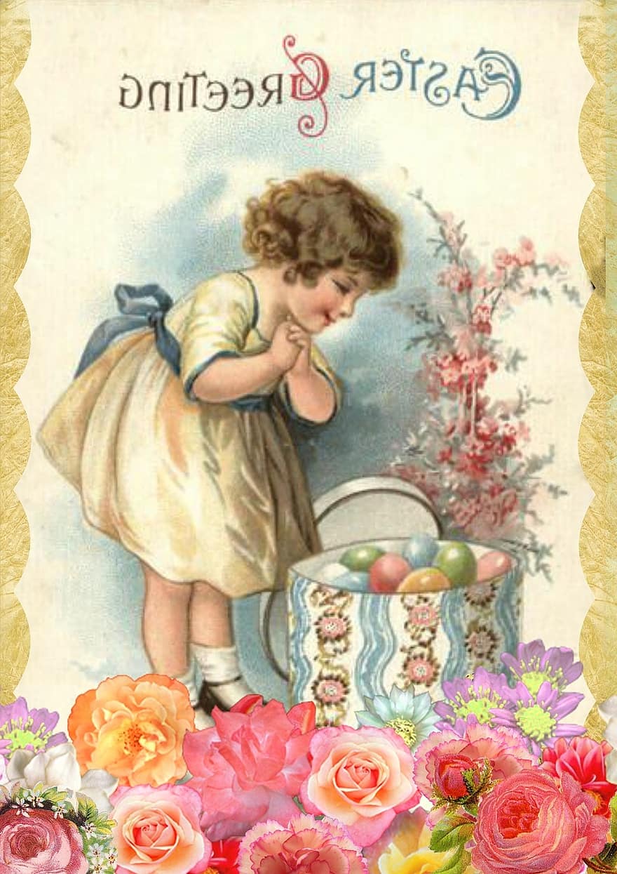 Великдень, Вітальна листівка, Вінтаж, маленька дівчинка, немовляти, картки, привітання, Щасливого Великодня, Великодні листівки, святкування, свято