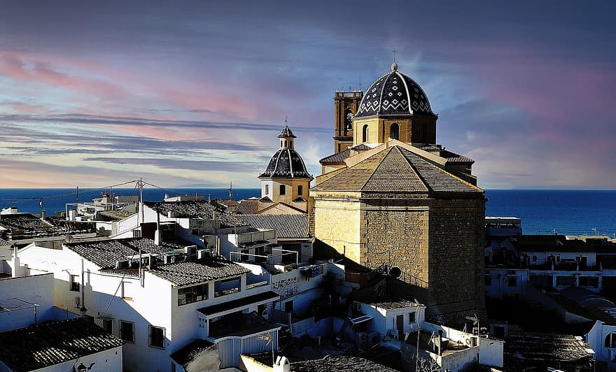 altea, pilsēta, baznīca, kupols, ēkām, piejūras, krastā, ciemats, saulrieta, Costa Blanca, alicante