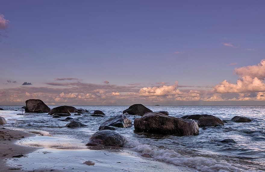 Rocha, pedras, mar, costa, vista do mar, Mar Báltico, por do sol, crepúsculo, litoral, verão, agua