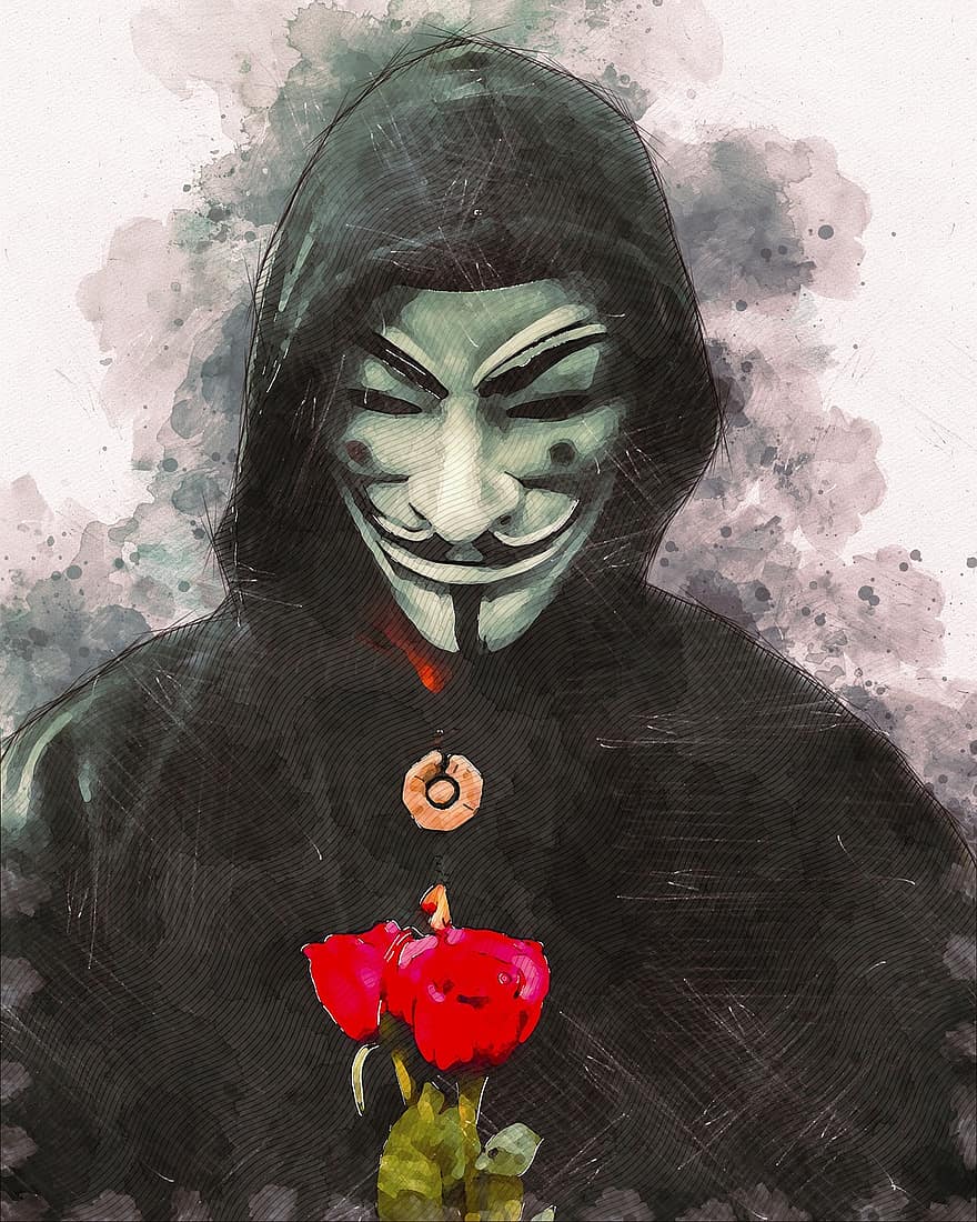 вендетта, маска, людина, чоловічий, капюшон, троянда, квітка, анонімний, людини, цифрові маніпуляції
