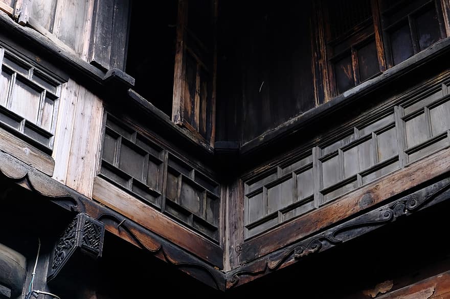 huizhou, oud gebouw, houtsnijden, hout, gebouw
