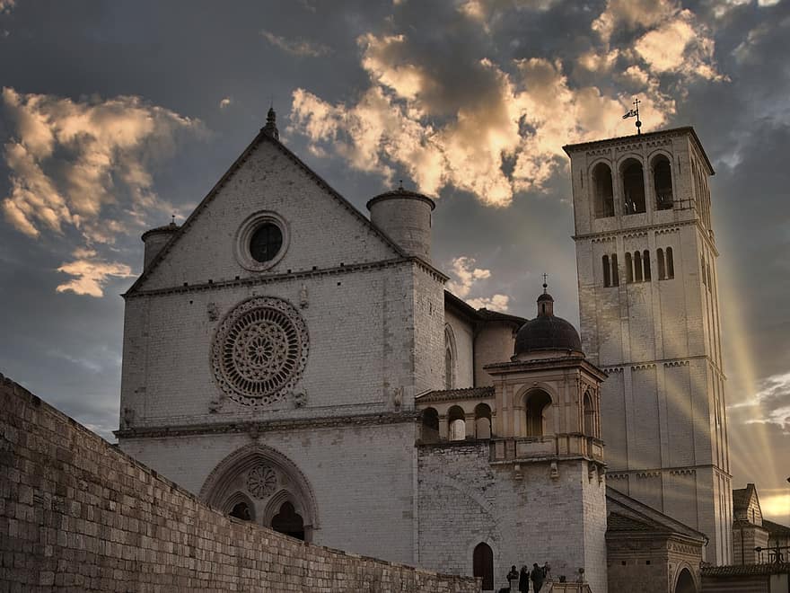 kościół, katedra, zachód słońca, Assisi, Włochy, perugia, modlitwa, religia, niebo, starożytny, architektura