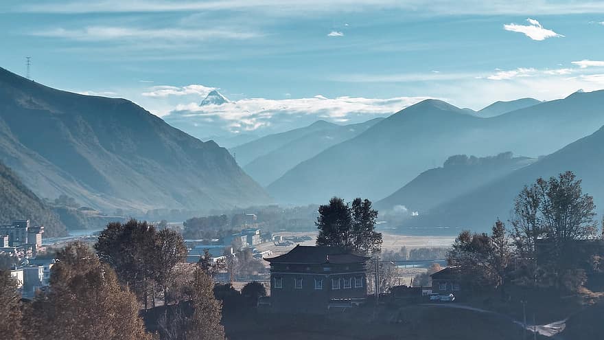 vesnice, hory, mlha, letiště, údolí, Tibet, venkov, scenérie