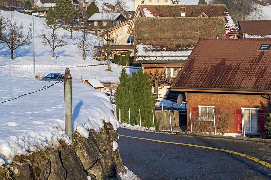 Schweiz, by, huse, landsby, vinter, sæson, sne, landlige scene, træ, bjerg, tag