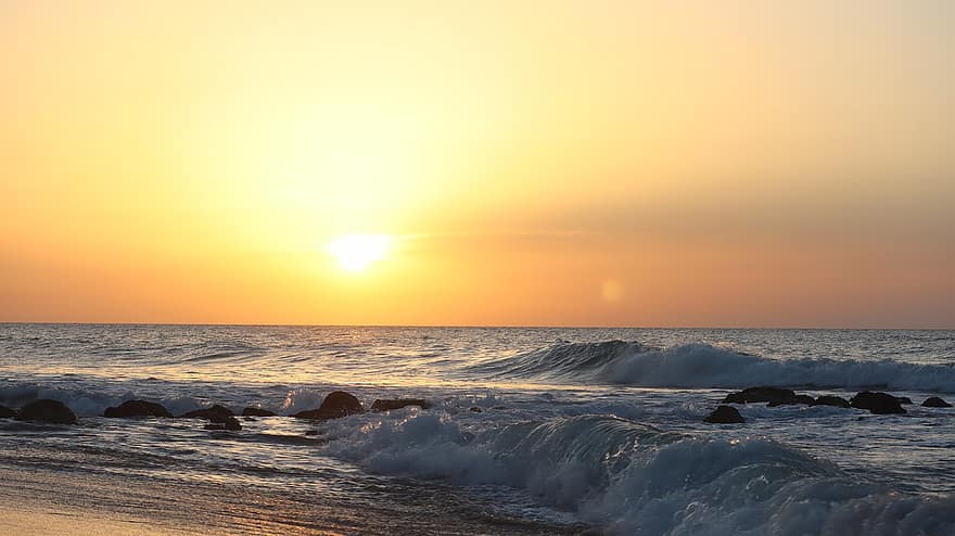 solnedgång, vågor, hav, strand, Sol, gryning, kust, horisont, vatten, kustlinje, havsstrand