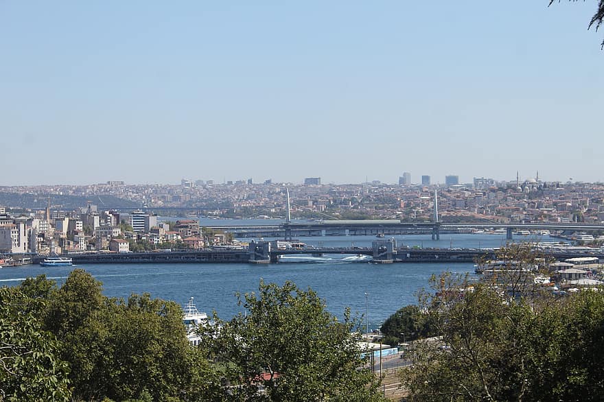 Miasto, eminönü, galata, Stambuł, morze, most, pejzaż miejski, Budynki, sylwetka na tle nieba, pałac topkapi, karaköy
