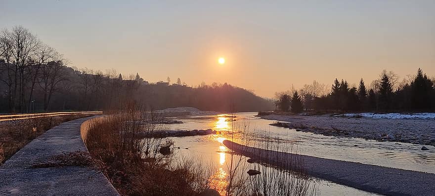 Sunset, River, Winter, Sun, Sunlight, Water, Trees, Nature, Fog, Dusk, Piave