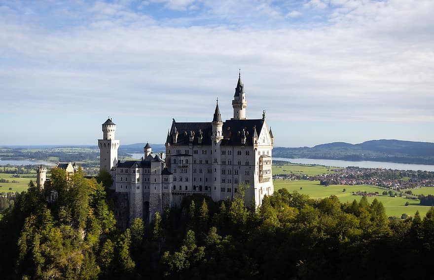neuschwanstein, castelo, Palácio, construção, castelo de conto de fadas, fortaleza, fortificação, torres, arquitetura, arvores, panorama