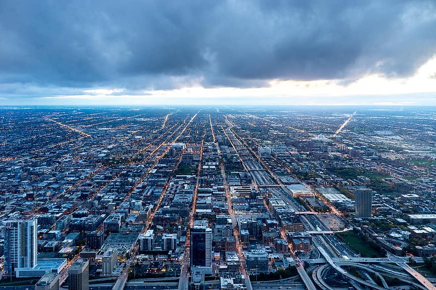 chicago, stad, wolkenkrabbers, gebouwen, Illinois, Verenigde Staten, Verenigde Staten van Amerika, architectuur, luchtfoto, stadsgezicht, wolkenkrabber