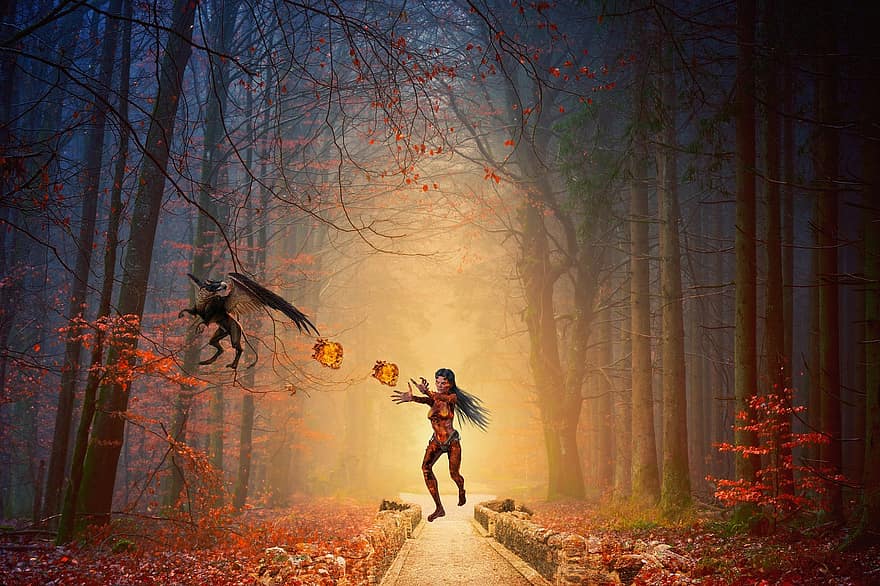 bruixa, foc, drac, fantasia, bosc, naturalesa, composició, fons