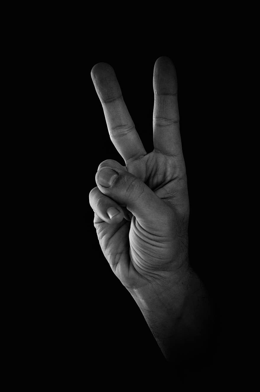 gestas, pirštai, Neverbalinė komunikacija, žmogaus ranka, Komunikaciniai gestai, pergalės ženklas, Taikos ženklas, Viktorijos gestas, gestai, rankas, juoda ir balta