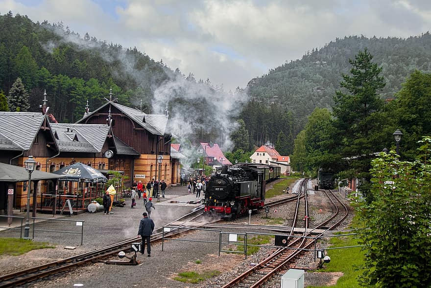 Oybin, mediu rural, oraș, Germania, zittau munți, cale ferată, tren de pasageri, locomotiva cu abur, locomotivă, vagon, gară