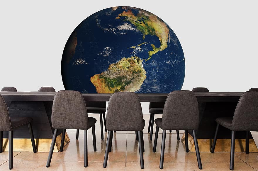 conferência, terra, mundo, globo, escritório, mesas de jantar, cadeiras, encontro, trabalhos, grupo, cooperação
