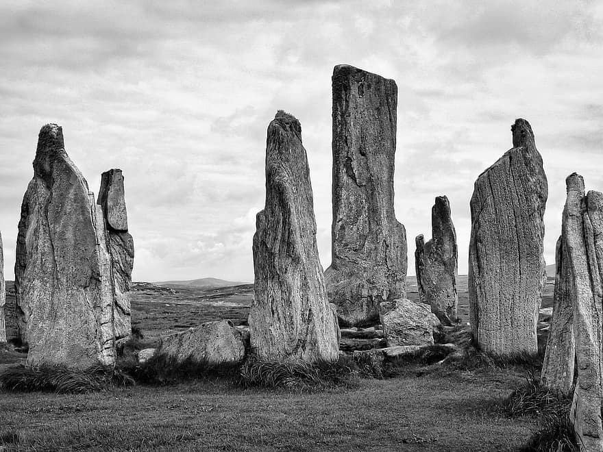 keltisch, Schotland, mijlpaal, historisch, monochroom, buitenshuis, oud, zwart en wit, oude, geschiedenis, megaliet