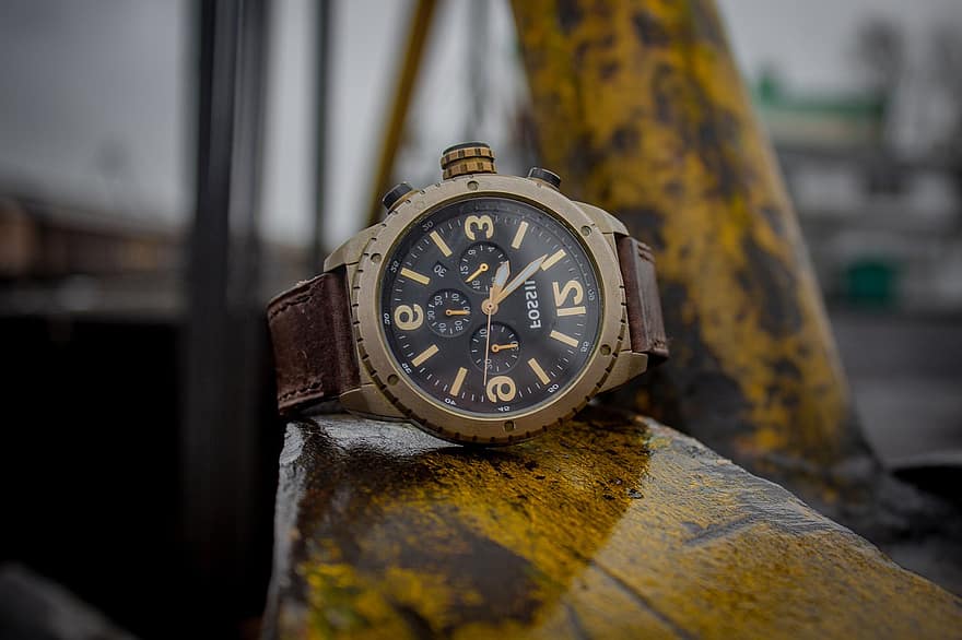 hodiny, náramkové hodinky, hodinky, fosilní, kůže, bronz, chrono, chronograf, stopky, detail, kov