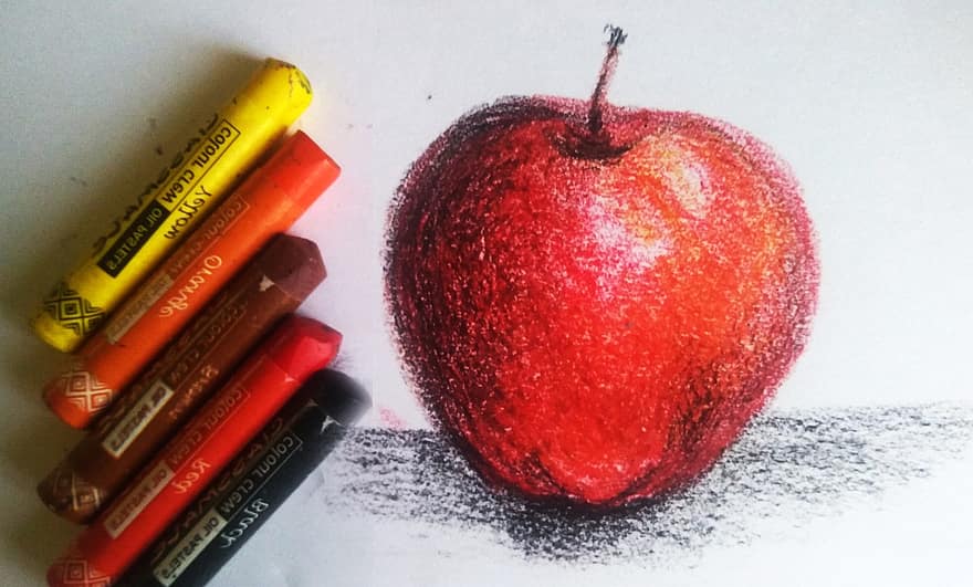 pastele olejne, brezentowy, jabłko, czerwone jabłko, obraz, rysunek, artystyczny, papier, sztuka