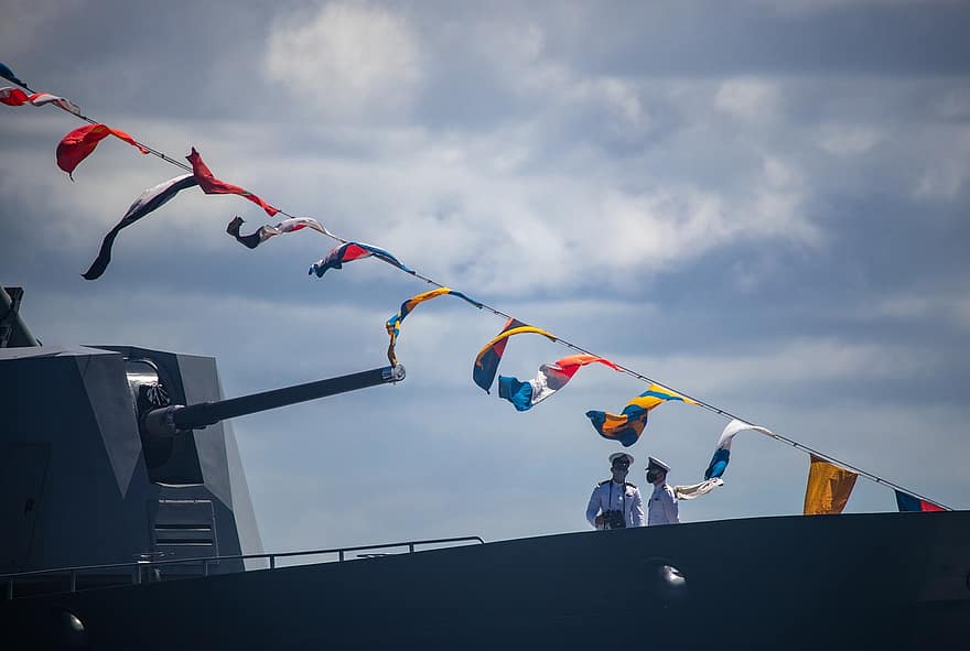 Donanma, savaş gemisi, tabanca, denizci, gemi, tekne, silah, askeri, bayraklar, erkekler, mavi