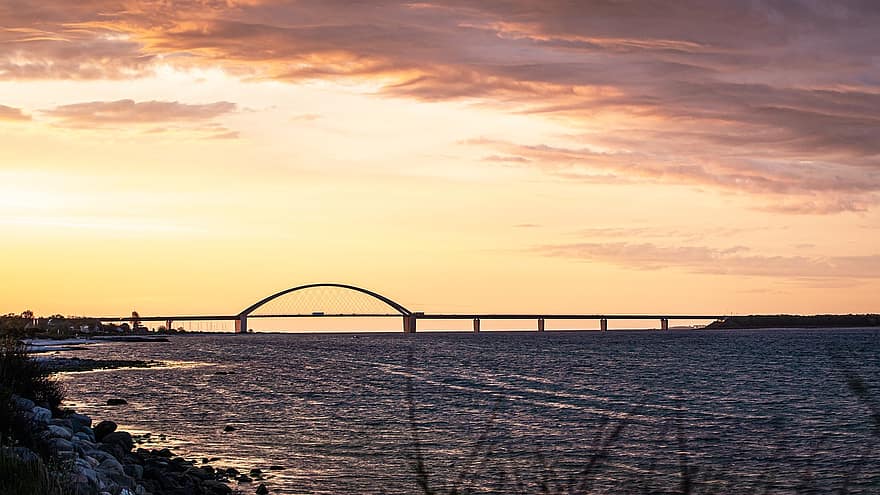 fehmarn, strand, solnedgång, hav, Fehmarn Sound Bridge, bro, Östersjön, skymning, vatten, landskap, arkitektur