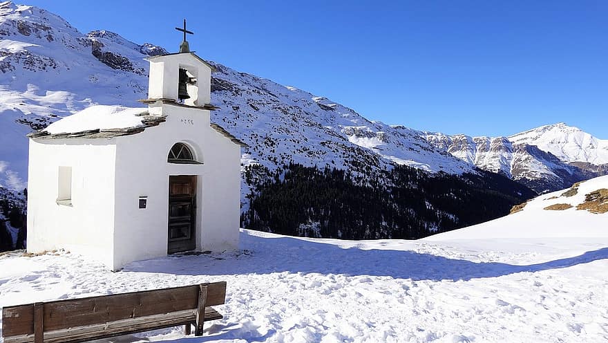 chapelle, les montagnes, hiver, neige, Montagne, christianisme, religion, traverser, bleu, des cultures, paysage