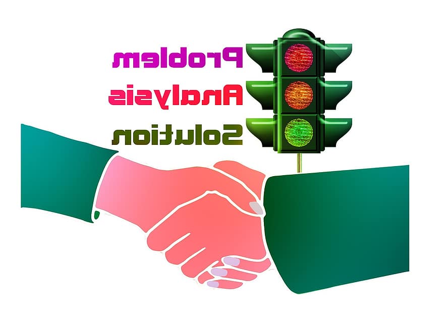Shaking Hands, Traffic Lights, Problem, Analysis, Solution, Red, Green, Woman, Man, Yellow, Text