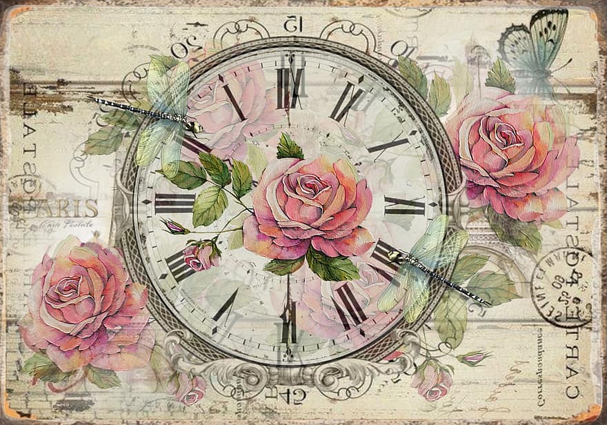 Vintage ▾, orologio, rosa, floreale, tempo, vecchio stile, antico, illustrazione, vecchio, quadrante, mano minuta