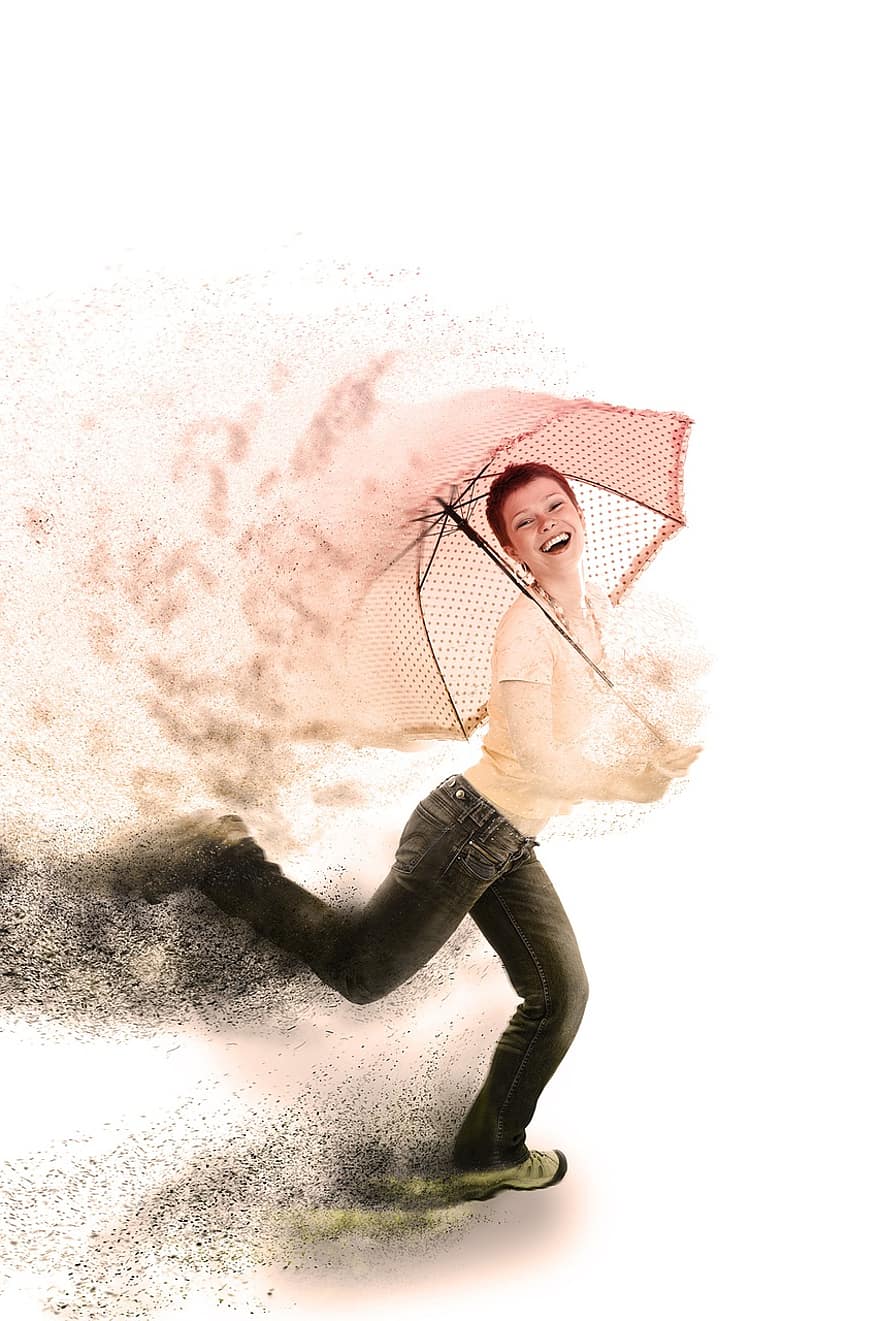 mulher, guarda-chuva, voar, poeira, corre