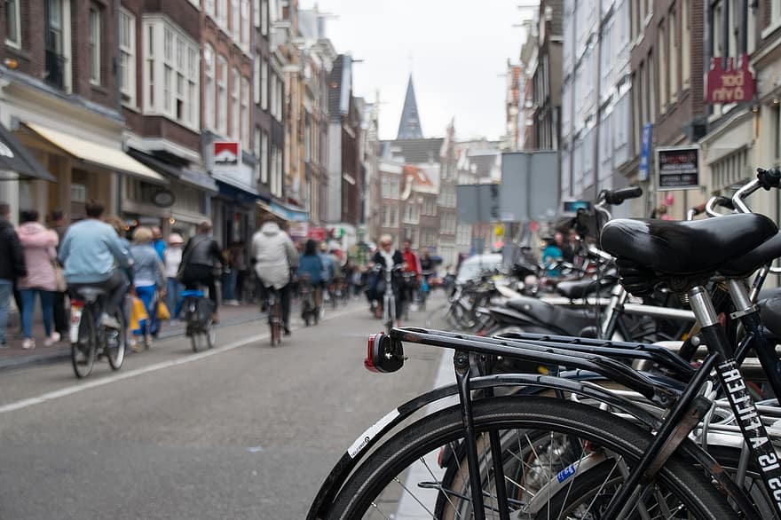 アムステルダム、通り、自転車、建物、シティ