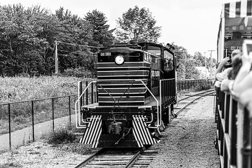 tåg, järnväg, gammal, svartvit, lokomotiv, historisk, resa, transport, järnvägsspår, koppling, transportsätt