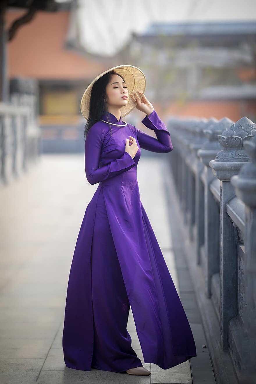 ao dai, mode, wanita, Vietnam, Ungu Ao Dai, Pakaian Nasional Vietnam, topi kerucut vietnam, tradisional, keindahan, indah, cantik