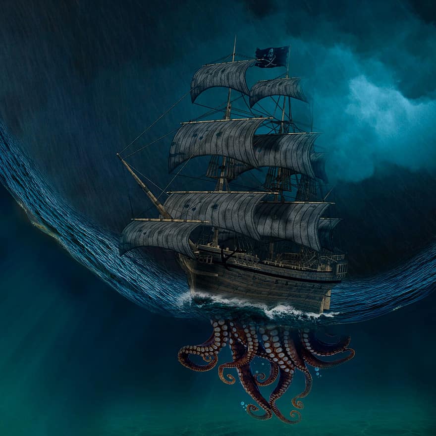fantazija, laivas, aštuonkojai, buriavimas, plaukti, jūros, audra, lietus, piratas, burlaivis, tentacles