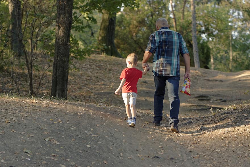 otec a syn, trekking, chůze, procházky, muž, chlapec, projít se, Projděte se, otec a dítě, cesta, stezka