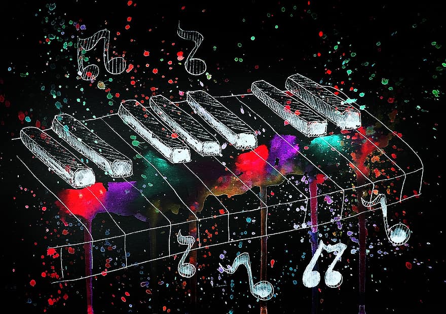 Piano, Music, Watercolor, The Keys, Handmade Graphics, Traditional Artist, Watercolor Stains, Musical Instrument, Phosphor Glow, Fluorescent Paint, Luminous Paints