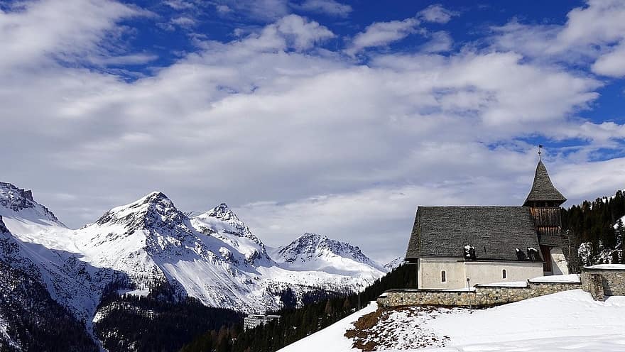 планинска църква, планинска панорама, облаци, сняг, планина, зима, пейзаж, планински връх, архитектура, син, лед