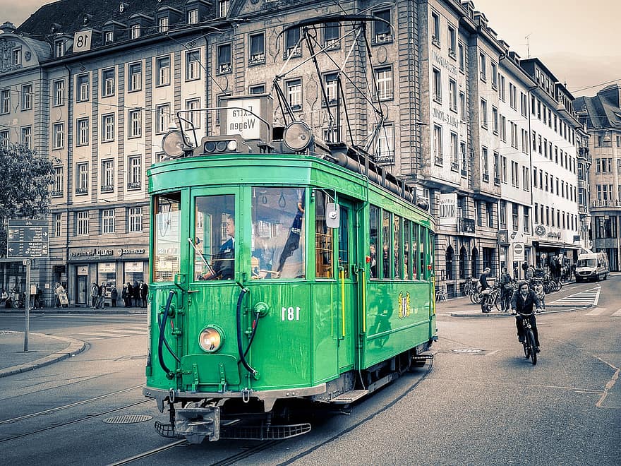 трамвай, град, Базел, Швейцария, път, сгради, транспорт, начин на транспорт, кабинков лифт, градски живот, архитектура